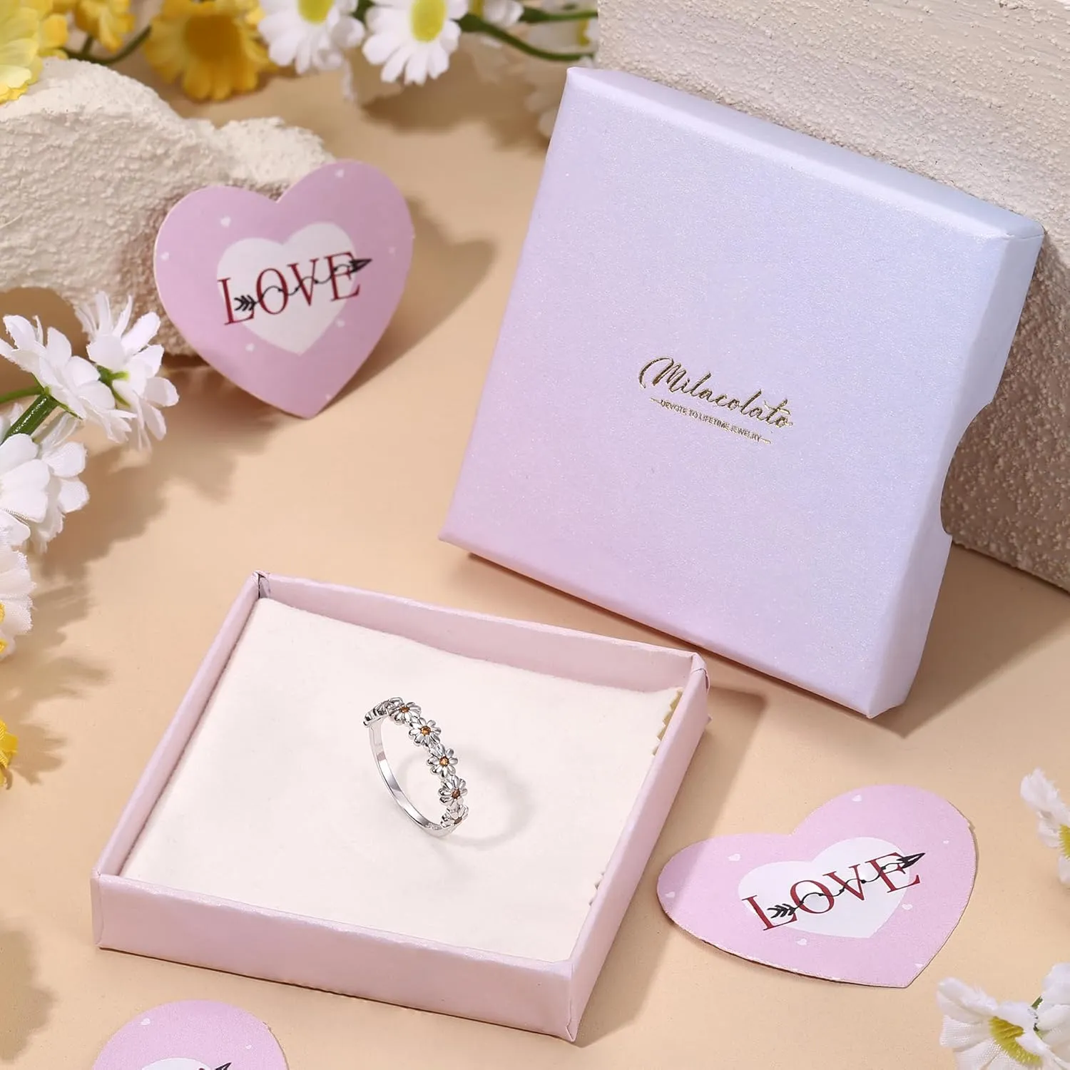 MILACOLATO 925 Sterling Silver Ring 18K Gold Plated Daisy Flower Ring Paved with Coloful Cubic Zirconia High Polished Comfort Fit Sunflower Stacking Statement Wedding Band Ring for Women