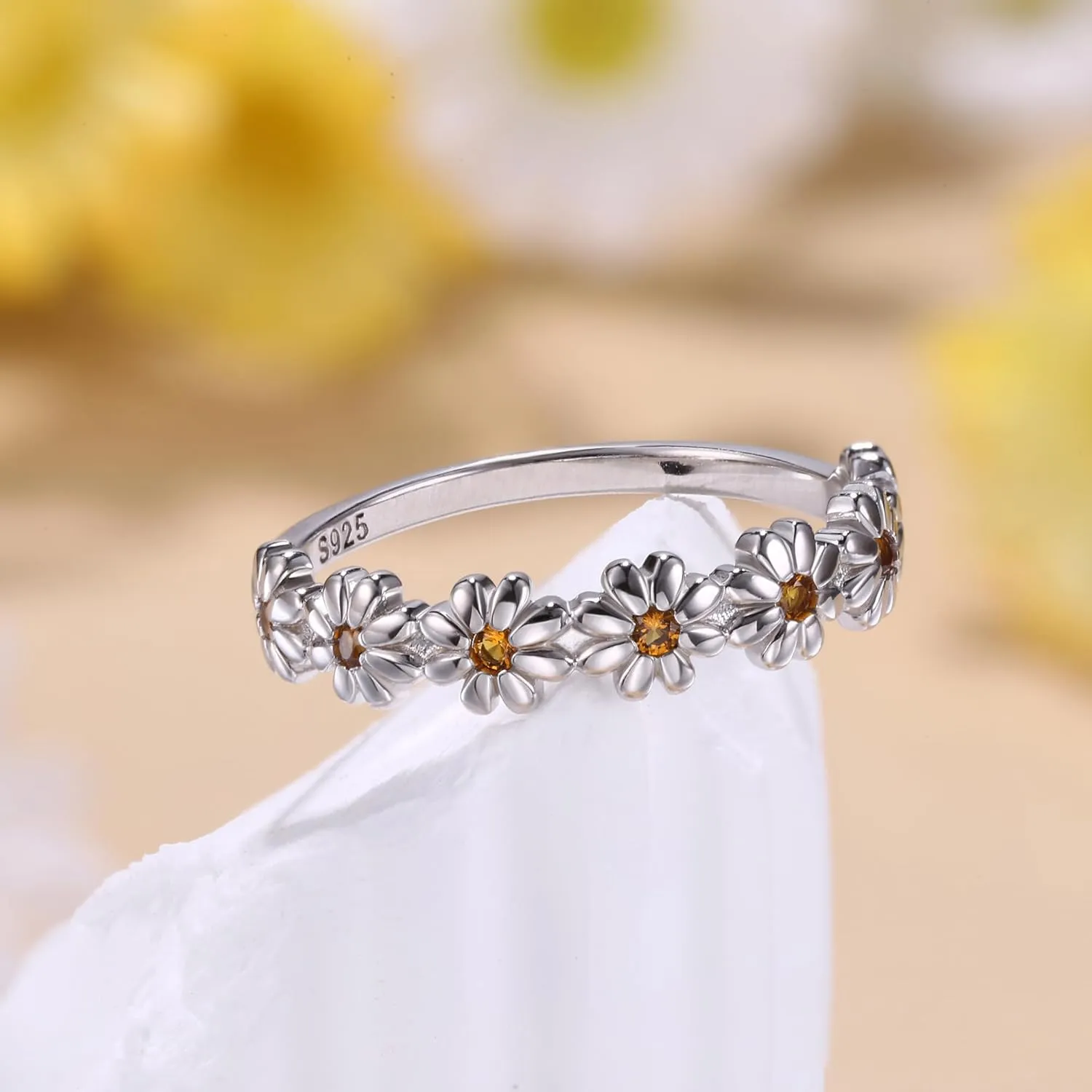 MILACOLATO 925 Sterling Silver Ring 18K Gold Plated Daisy Flower Ring Paved with Coloful Cubic Zirconia High Polished Comfort Fit Sunflower Stacking Statement Wedding Band Ring for Women