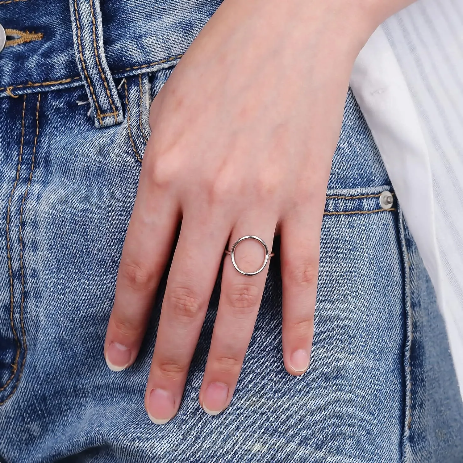 MILACOLATO 925 Sterling Silver Ring for Women 18K White Gold Plated Open Circle Karma Rings Polished Fashion Simple Plain Stackable Statement Promise Rings Comfort Fit Size 5-9