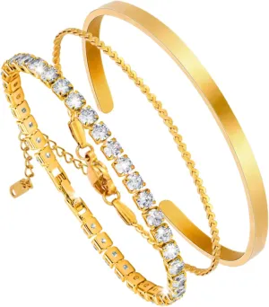 MILAKOO Gold/Silver Plated Stainless Steel Cuff Bracelets for Women Stack Thin Link Tennis Layered Bracelet Birthday Gift