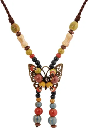 MINACHI Hippie Boho Colorful Ceramic Bead Butterfly Charm Pendant Y Necklace, Vintage Bohemian Statement Jewelry Gift for Women