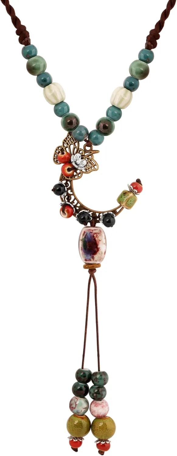 MINACHI Vintage Bohemian Hippie Ceramic Beads Crescent Moon Lariat Necklace, Boho Hippie Statement Jewelry Gift for Women
