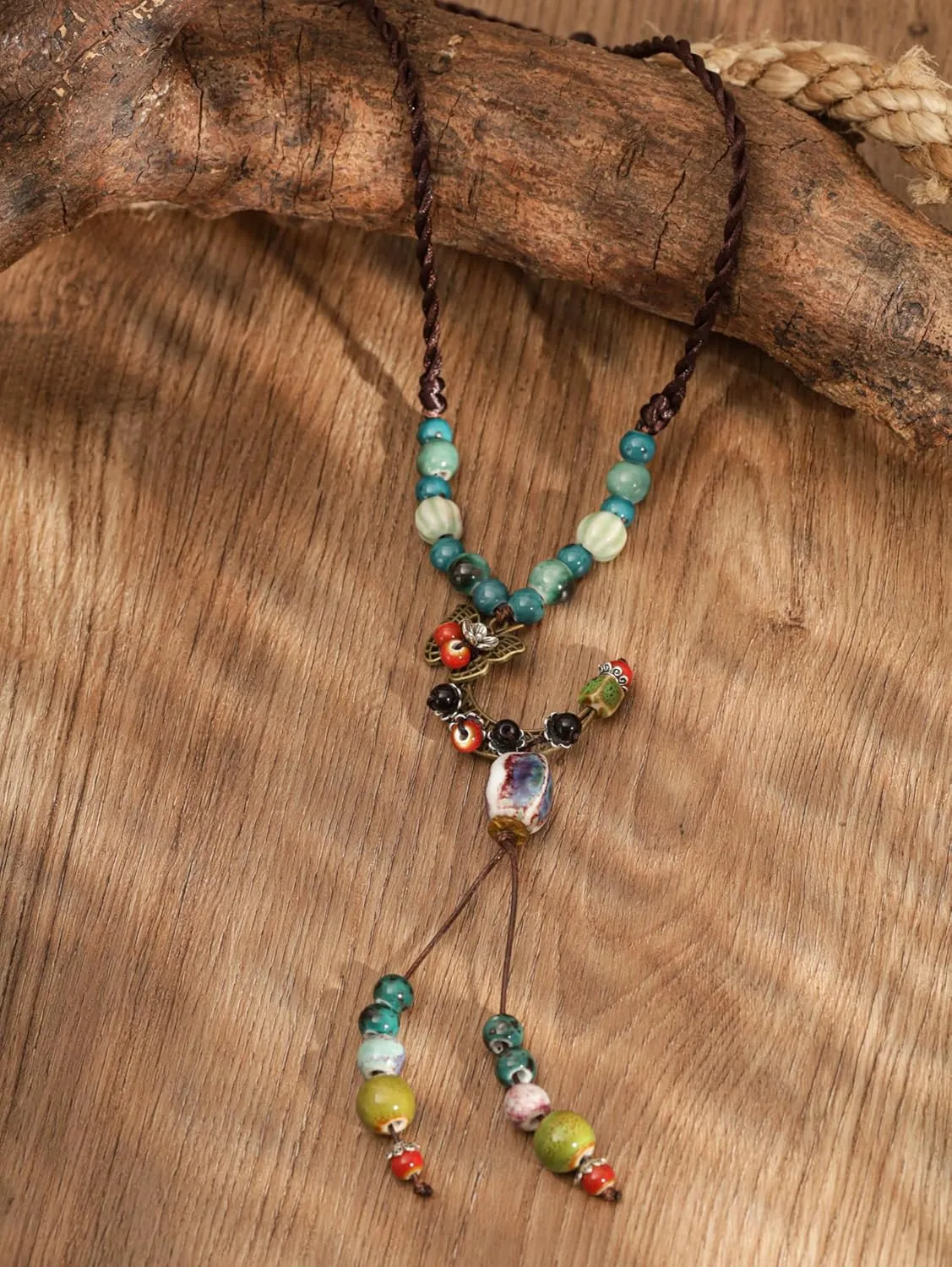 MINACHI Vintage Bohemian Hippie Ceramic Beads Crescent Moon Lariat Necklace, Boho Hippie Statement Jewelry Gift for Women