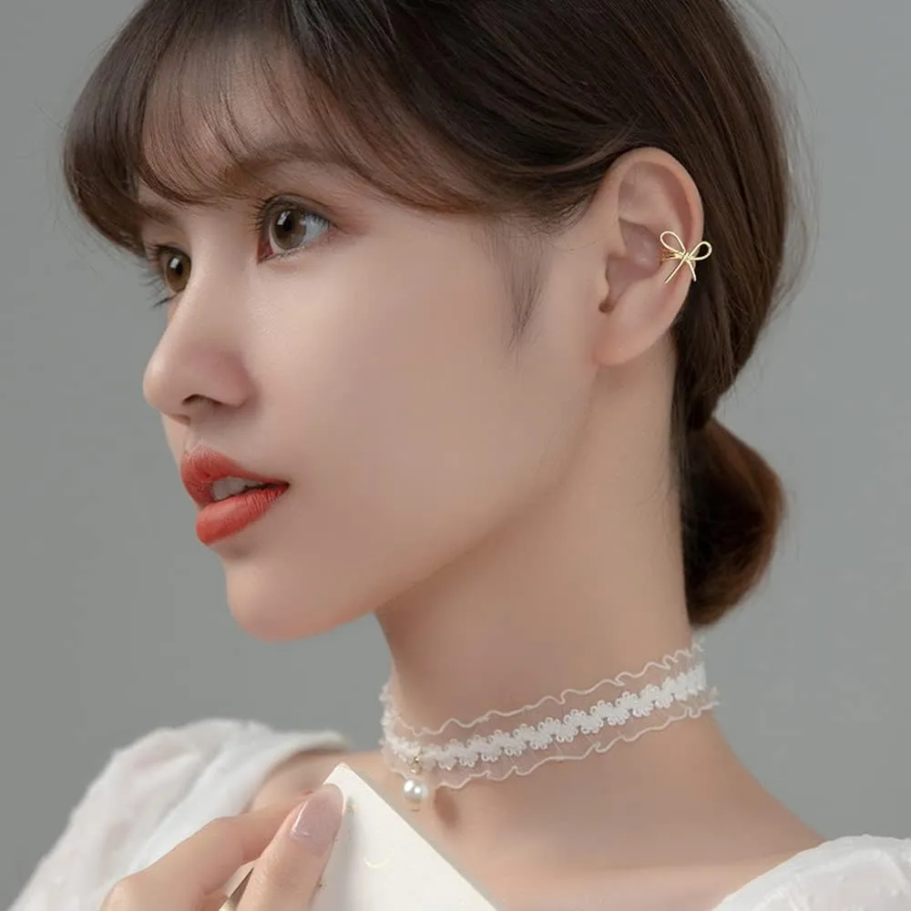 Minimalist Bow Knot Ear Cuffs Wrap Earrings 925 Sterling Silver Cartilage Clip On Earrings Cuff Ears No Piercings Fake Hoops Earring Wedding Trendy Jewelry Gifts for Women Teen Girls