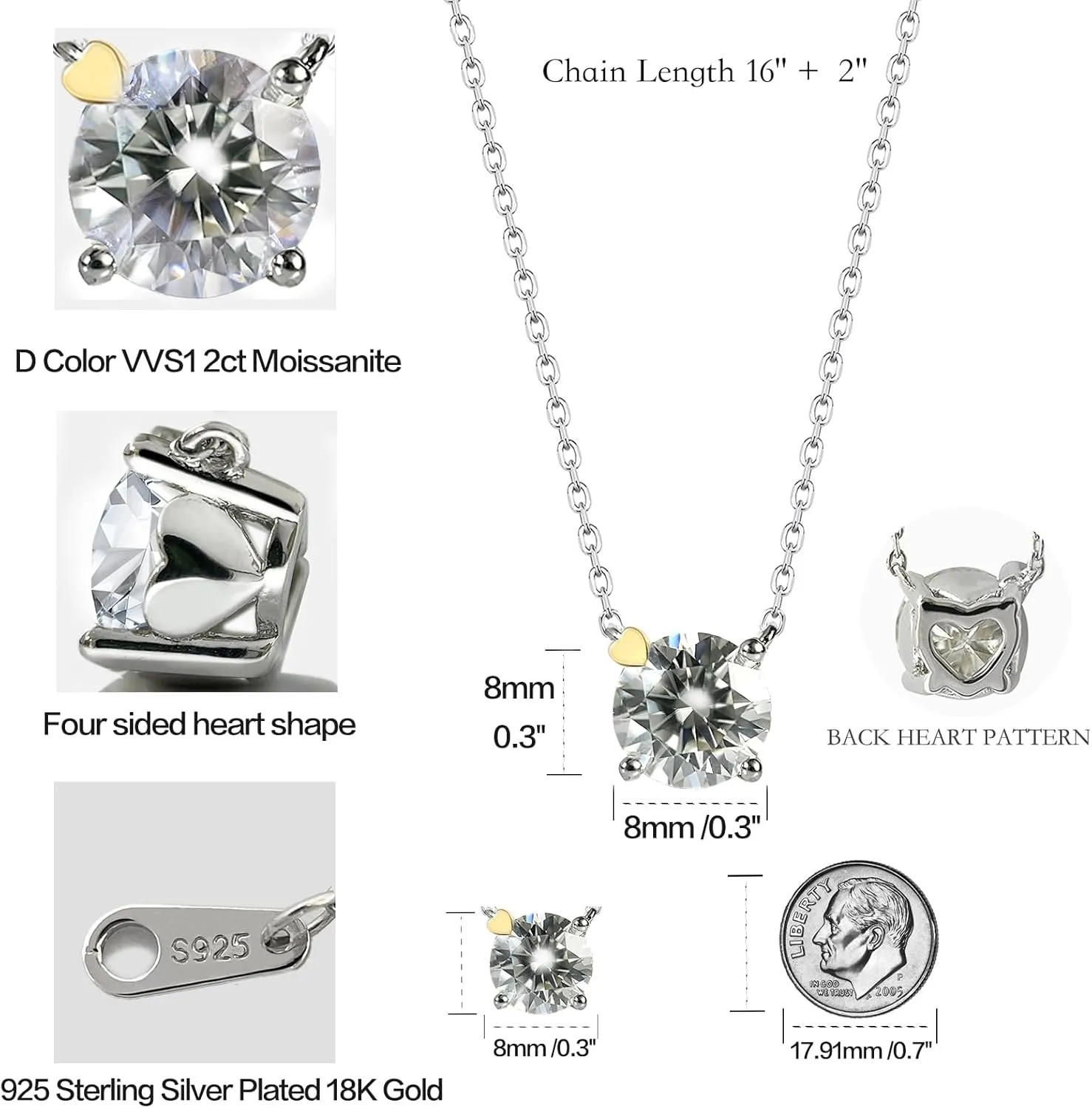 Moissanite Necklace - 0.5CT/2CT GRA Certified, 925 Sterling Silver Plated 18K White Gold Diamond Pendant for Women, Girlfriend