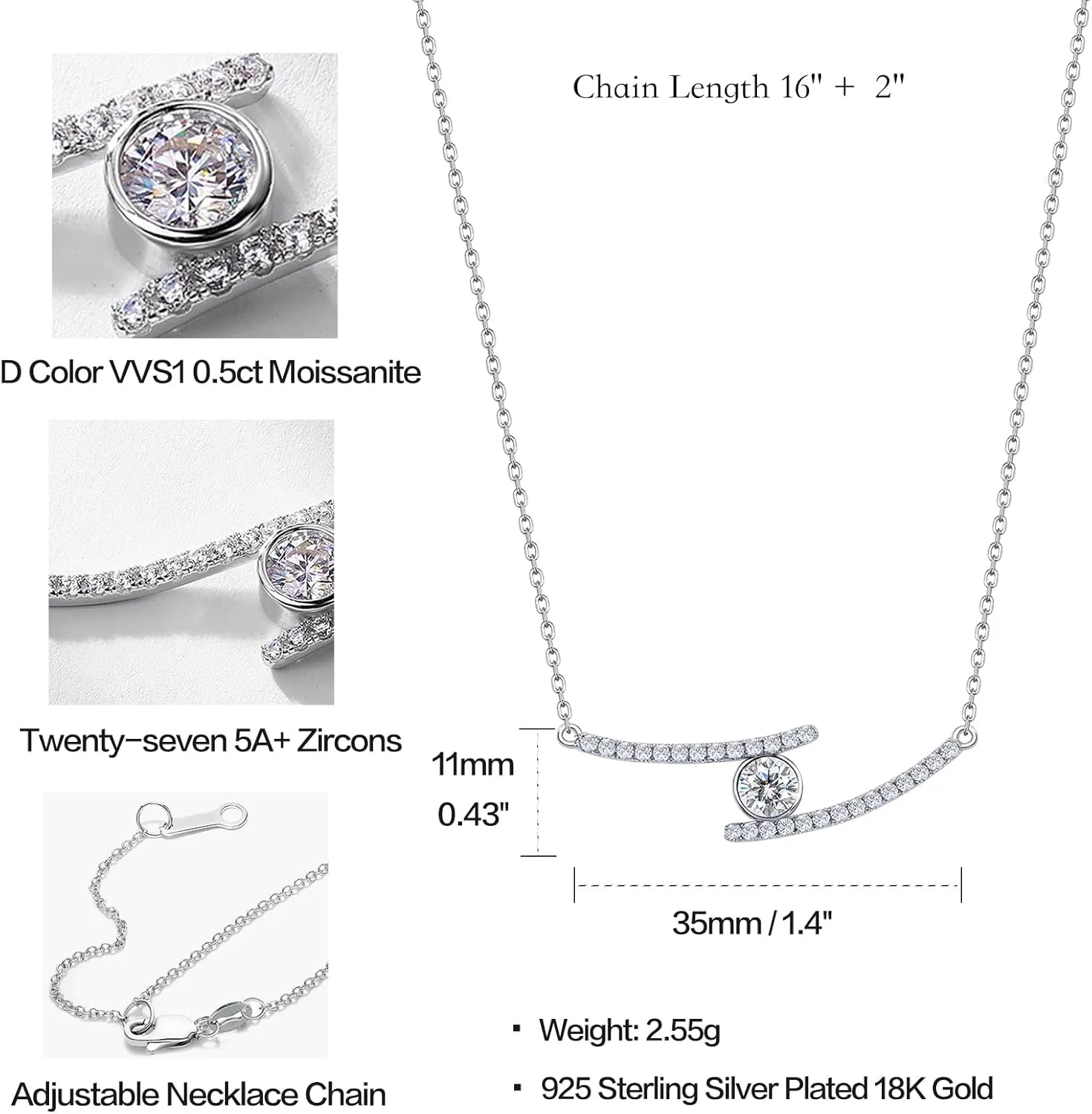 Moissanite Necklace - 0.5CT/2CT GRA Certified, 925 Sterling Silver Plated 18K White Gold Diamond Pendant for Women, Girlfriend