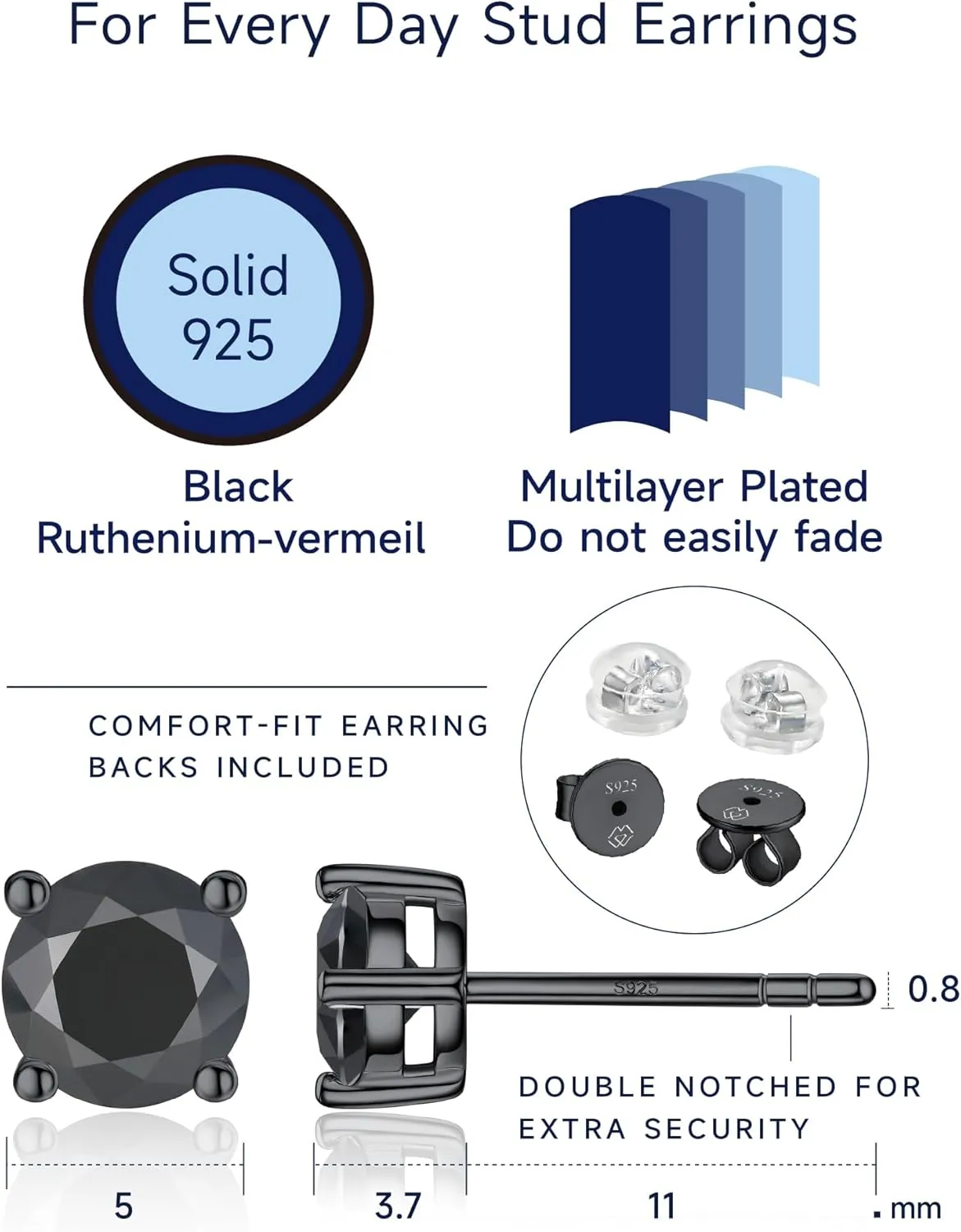 MomentWish Black Moissanite Stud Earrings, Moissanite Earrings for Women Men, D Color VVS1 Simulated Diamond 925 Sterling Silver Solitaire/Halo Studs