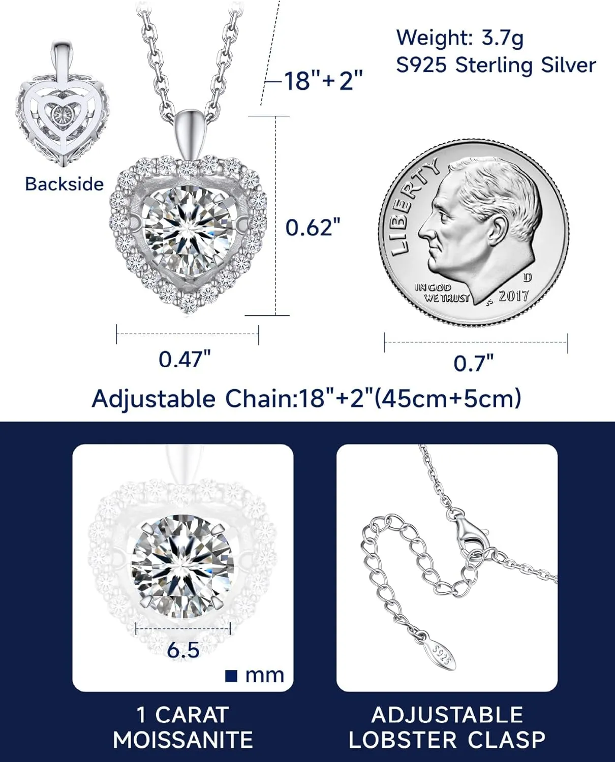 MomentWish Heart Necklace for Women, Sparkling Gift for Her, 1Carat Moissanite Heart Pendent for Her, 925 Sterling Silver Dance Necklace for Anniversary Christmas Valentines