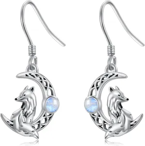 Moonstone Fox Dangle Earrings Sterling Silver Cute Fox Animal Jewelry for Women Birthday Gifts