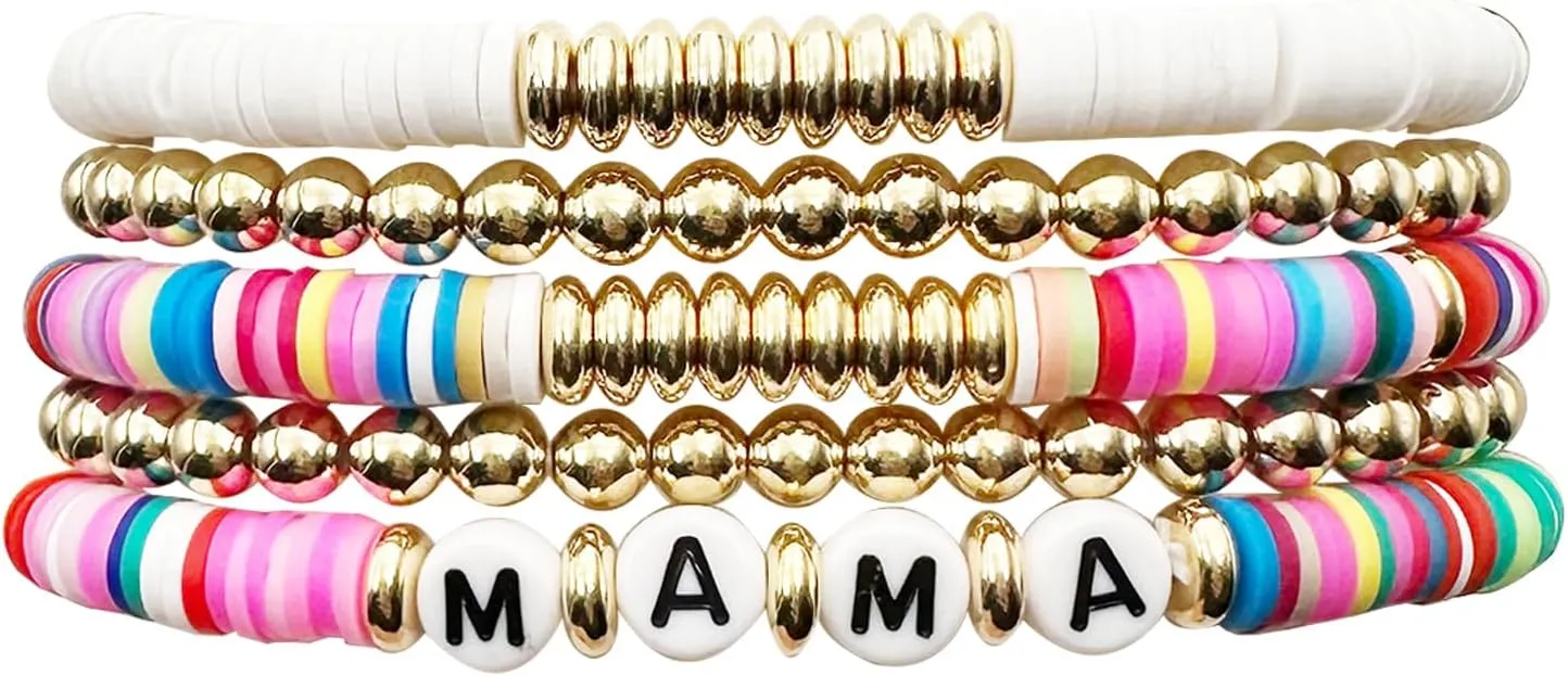 Mother's Day Bracelets Stretch Bracelet Polymer Clay Colorful Friendship Bracelets for Women Jewelry Set Gifts for Mom and Mother