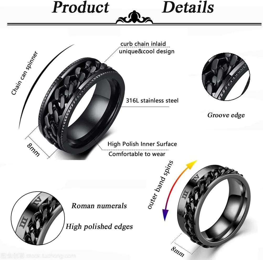 MOZAKA 10 Pcs 8mm Stainless Steel Ring Spinner Fidget Band Chain Rings for Men Women Polished Wedding Cool Ring, Size 7-11