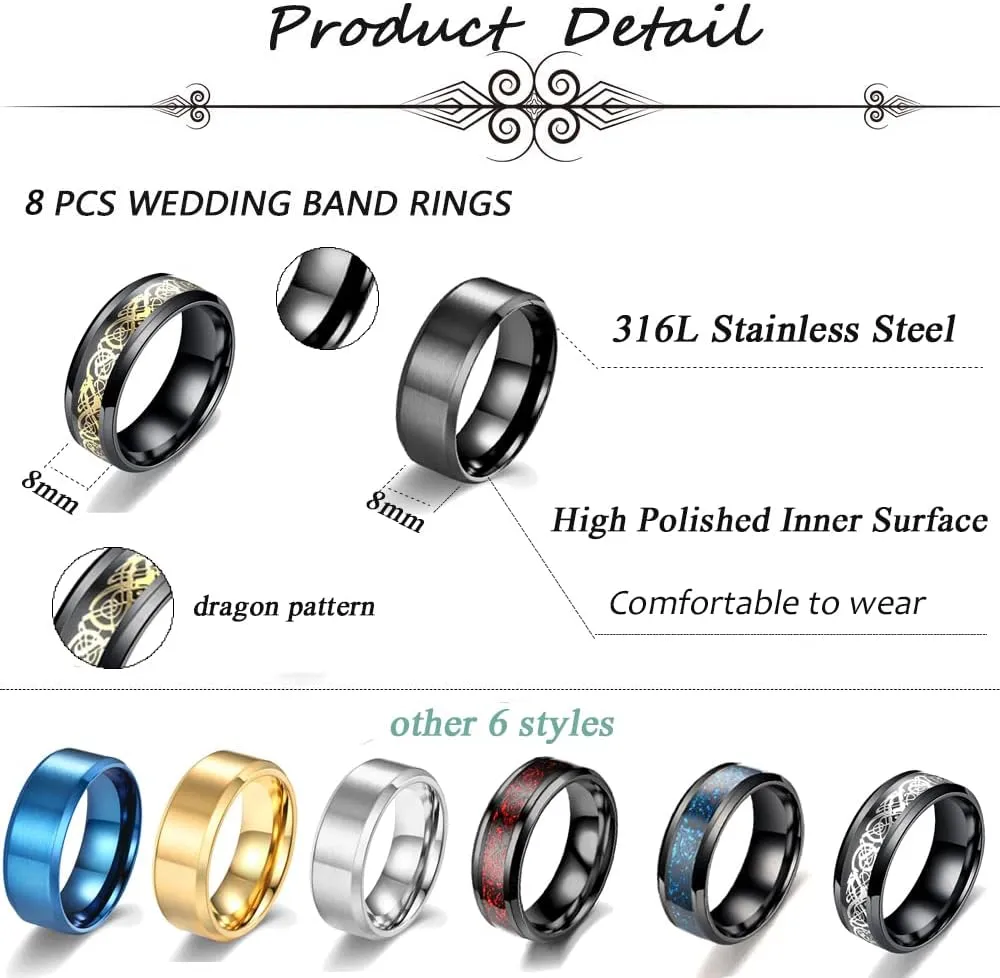 MOZAKA 12Pcs 8mm Stainless Steel Fidget Band Chain Spinner Rings for Men Women Dragon Pattern Polished Wedding Cool Release Anxiety Ring Set Size 7-11