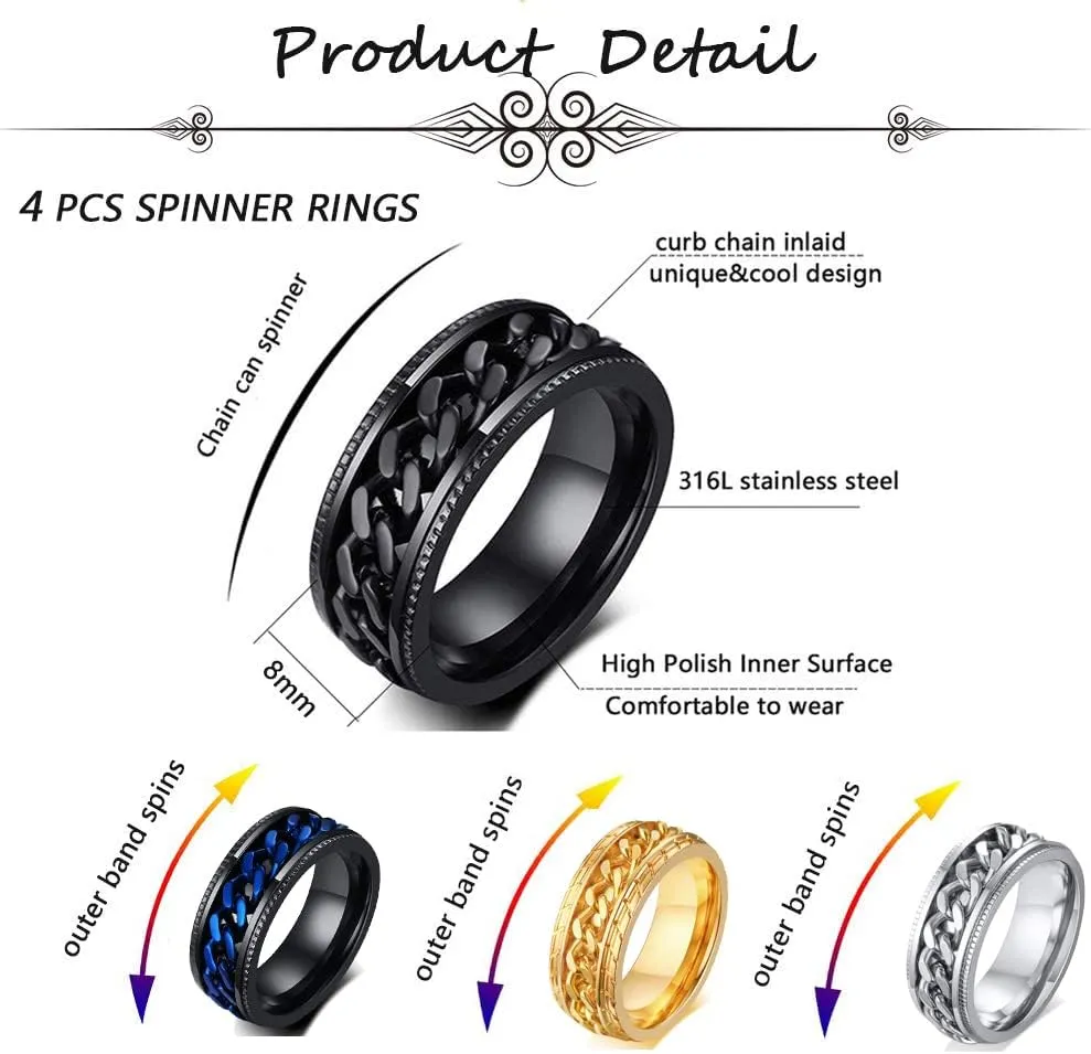 MOZAKA 12Pcs 8mm Stainless Steel Fidget Band Chain Spinner Rings for Men Women Dragon Pattern Polished Wedding Cool Release Anxiety Ring Set Size 7-11