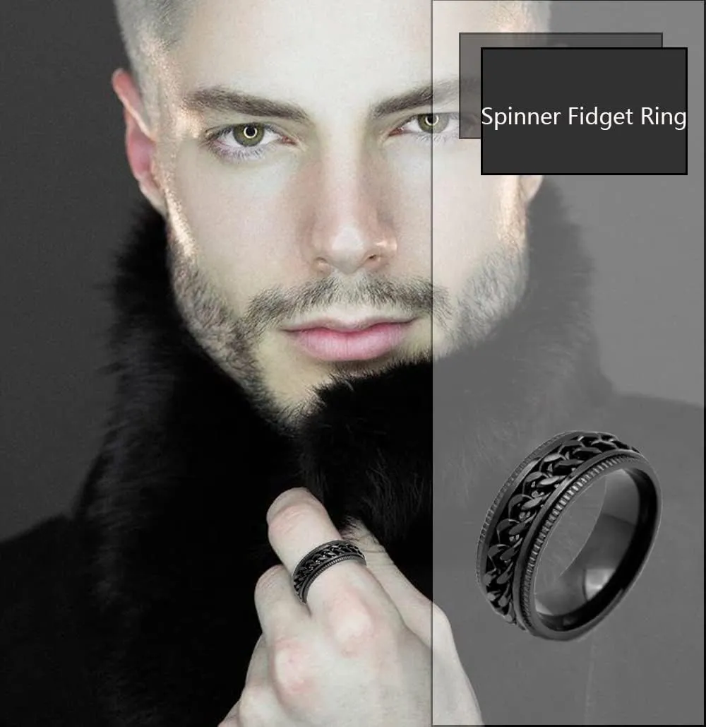 MOZAKA 12Pcs 8mm Stainless Steel Fidget Band Chain Spinner Rings for Men Women Dragon Pattern Polished Wedding Cool Release Anxiety Ring Set Size 7-11