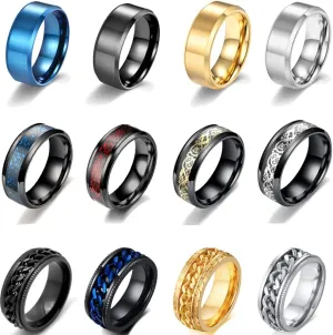 MOZAKA 12Pcs 8mm Stainless Steel Fidget Band Chain Spinner Rings for Men Women Dragon Pattern Polished Wedding Cool Release Anxiety Ring Set Size 7-11