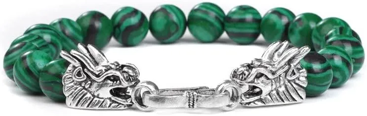 Natural Blue Striped Agates Bracelet Men Dragon Head Charm Bracelets Bangles for Women Male Prayer Jewelry Gifts