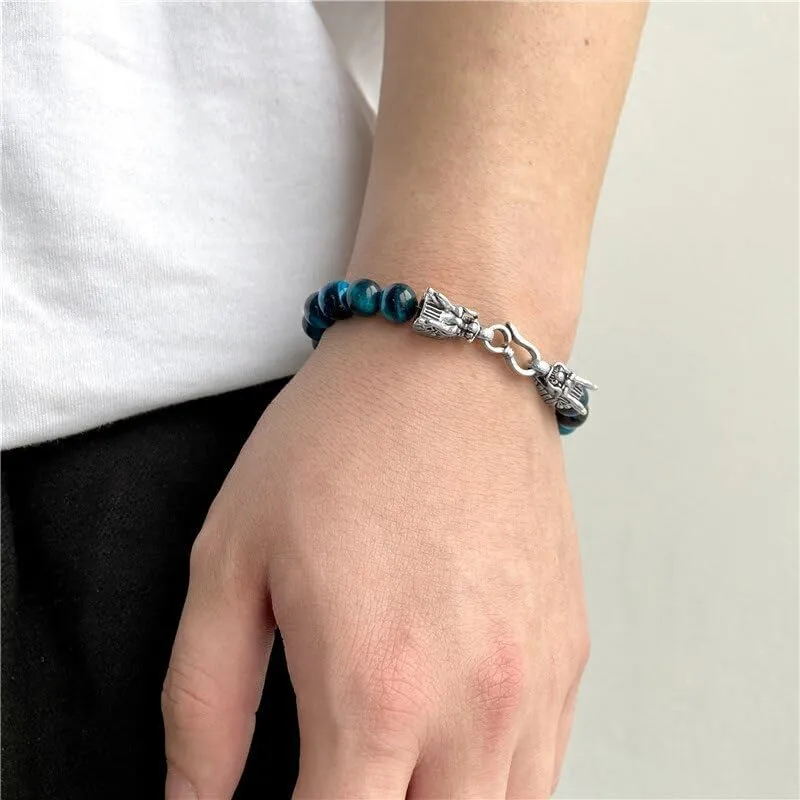 Natural Blue Striped Agates Bracelet Men Dragon Head Charm Bracelets Bangles for Women Male Prayer Jewelry Gifts
