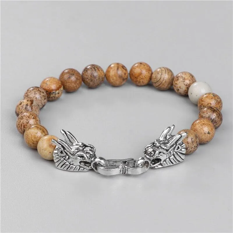 Natural Blue Striped Agates Bracelet Men Dragon Head Charm Bracelets Bangles for Women Male Prayer Jewelry Gifts
