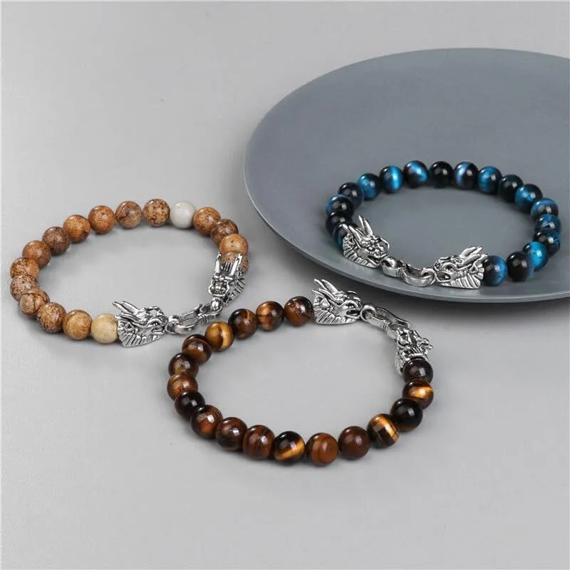 Natural Blue Striped Agates Bracelet Men Dragon Head Charm Bracelets Bangles for Women Male Prayer Jewelry Gifts