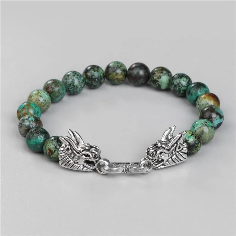 Natural Blue Striped Agates Bracelet Men Dragon Head Charm Bracelets Bangles for Women Male Prayer Jewelry Gifts