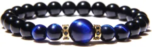 Natural Stone Bracelets Men Royal Blue Tiger Eye Bracelets Healthy Energy Bangle Fashion Charm Black Onyx Beads,Imitation Rhodium Plated,17cm