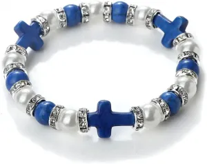 Natural Stone Cross Bracelet Blue Turquoises Imitation Pearl Beads Charm Elastic Bracelet for Women Men Bohemian Jewelry
