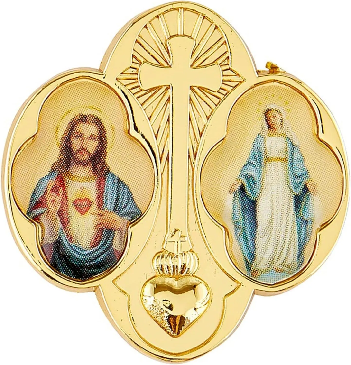 Needzo Sacred Heart and Miraculous Lapel Pin for Backpack, Jacket or Hat, Gold Toned Cross Medal Christian Jewelry, Religious Spiritual Gift for Women, 1 Inch