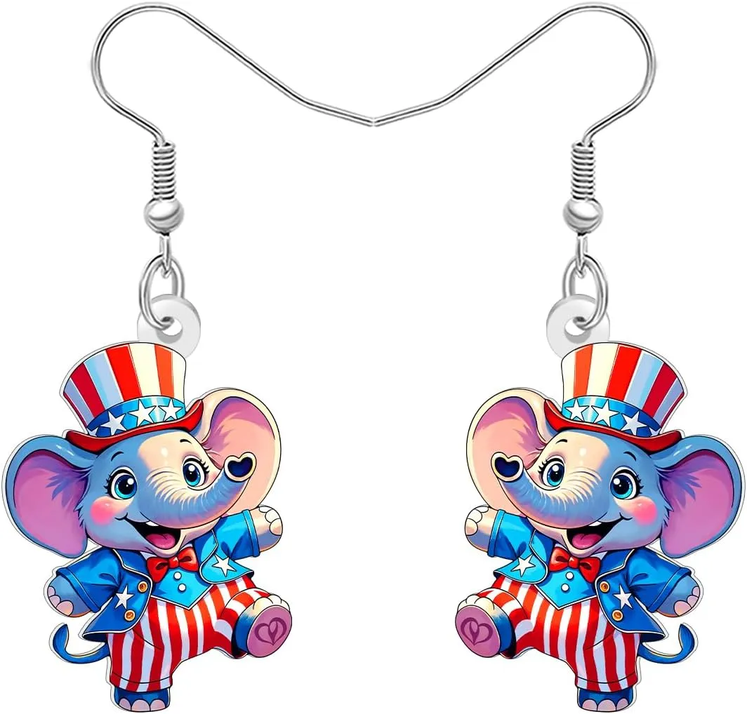 NEWEI Acrylic Cartoon Anime 4th of July Circus Elephant Earrings for Women American Flag Hat Patriotic Earrings Dangle Jewelry for Animal Lovers Gifts Outfit Charms