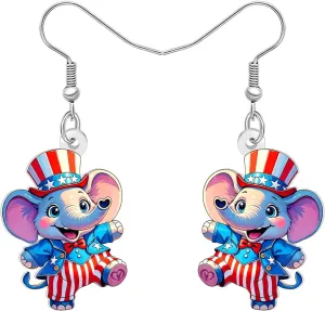 NEWEI Acrylic Cartoon Anime 4th of July Circus Elephant Earrings for Women American Flag Hat Patriotic Earrings Dangle Jewelry for Animal Lovers Gifts Outfit Charms