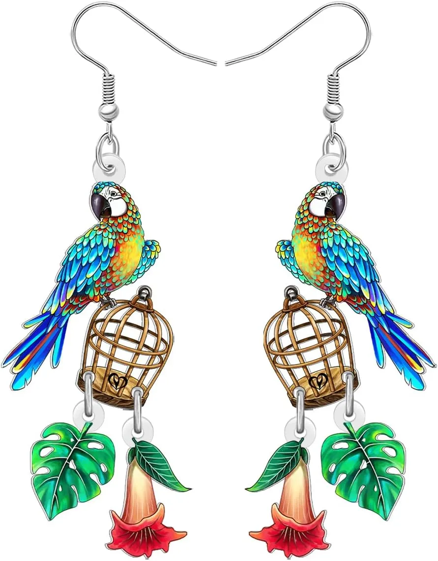 NEWEI Acrylic Cute Hawaii Tropical Parrot Dangle Earrings for Women Funny Bird with Flower Earrings Dangling Summer Jewelry Gifts for Bird Lovers Accessories