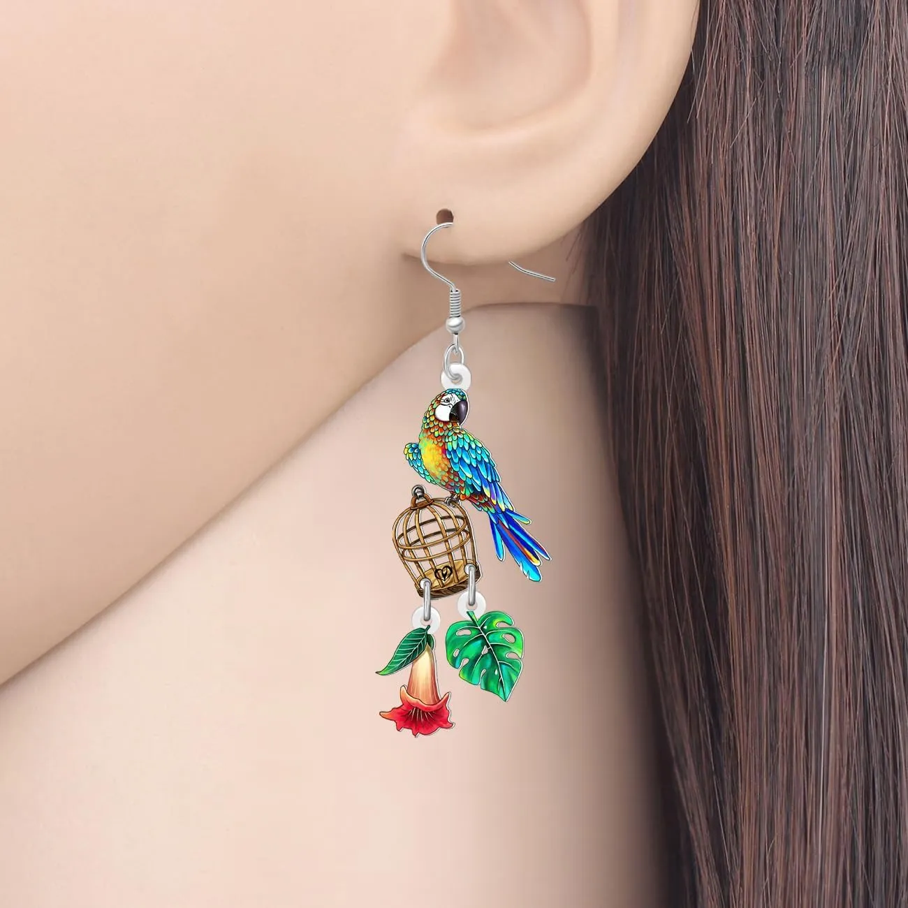 NEWEI Acrylic Cute Hawaii Tropical Parrot Dangle Earrings for Women Funny Bird with Flower Earrings Dangling Summer Jewelry Gifts for Bird Lovers Accessories