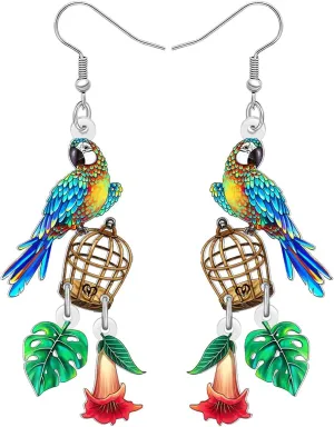NEWEI Acrylic Cute Hawaii Tropical Parrot Dangle Earrings for Women Funny Bird with Flower Earrings Dangling Summer Jewelry Gifts for Bird Lovers Accessories