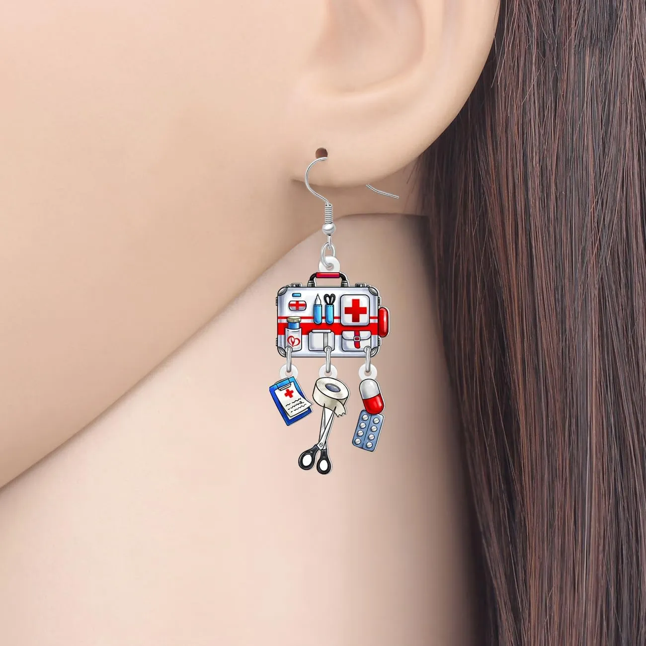 NEWEI Acrylic Cute Nurse Earrings Medical Symbol First-aid Kit Nursing Graduation Earrings Dangle Appreciation Jewelry Gifts for Women Nurse Week Doctor RN