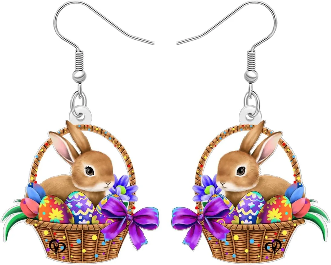 NEWEI Acrylic Easter Egg Gifts Cute Bunny Rabbit Earrings Hare Animal Hypoallergenic Dangle Jewelry for Women Festival Party Decorations