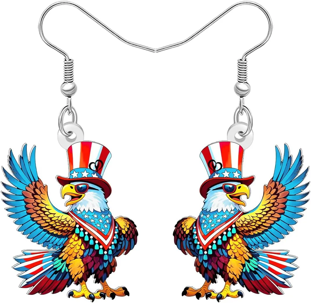 NEWEI Acrylic Funny 4th of July Bald Eagle Earrings American Flag Hat Patriotic Earrings Dangle Jewelry Bird Gifts for Women Bird Lovers Outfit Accessories