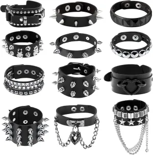 NEWITIN 12 Pieces PU Leather Bracelets Punk Bracelet Adjustable Goth Cuff Bracelet Gothic Rivet Buckle Wristbands Black Bracelets for Men Women