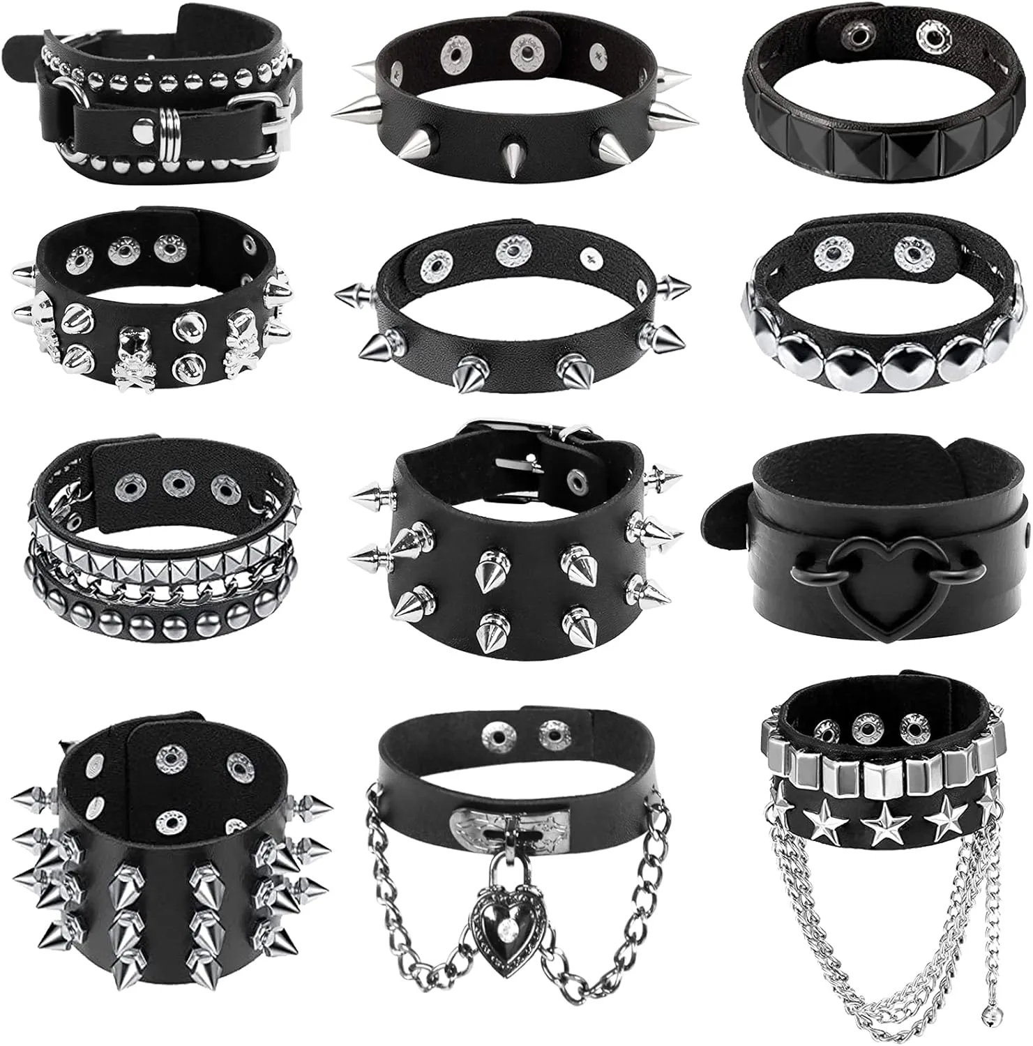 NEWITIN 12 Pieces PU Leather Bracelets Punk Bracelet Adjustable Goth Cuff Bracelet Gothic Rivet Buckle Wristbands Black Bracelets for Men Women