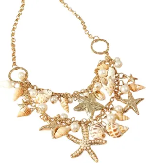 Ocean Themed Jewelry Boho Shell and Starfish Necklace for Women  Beach Choker Style with Imitation Pearls, Gold Chain Statement Accessory for Summer Outfits, Vacations, Parties, and Gifts