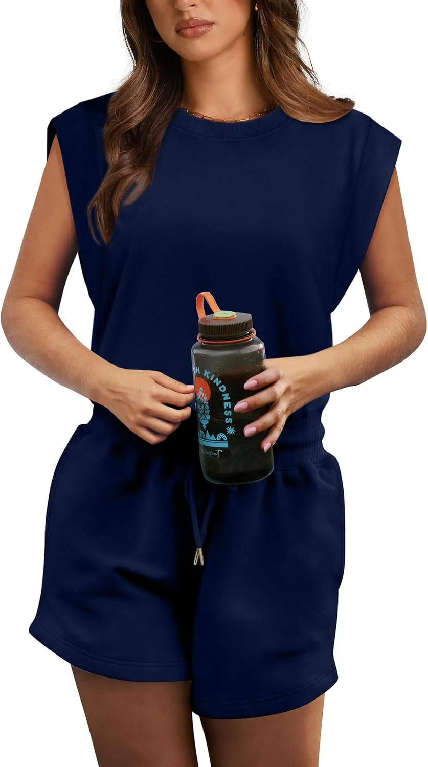 OFEEFAN Rompers for Women Summer Cap Sleeve Adjustable Drawstring Waistband Crewneck Casual Outfits with Pockets