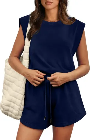 OFEEFAN Rompers for Women Summer Cap Sleeve Adjustable Drawstring Waistband Crewneck Casual Outfits with Pockets