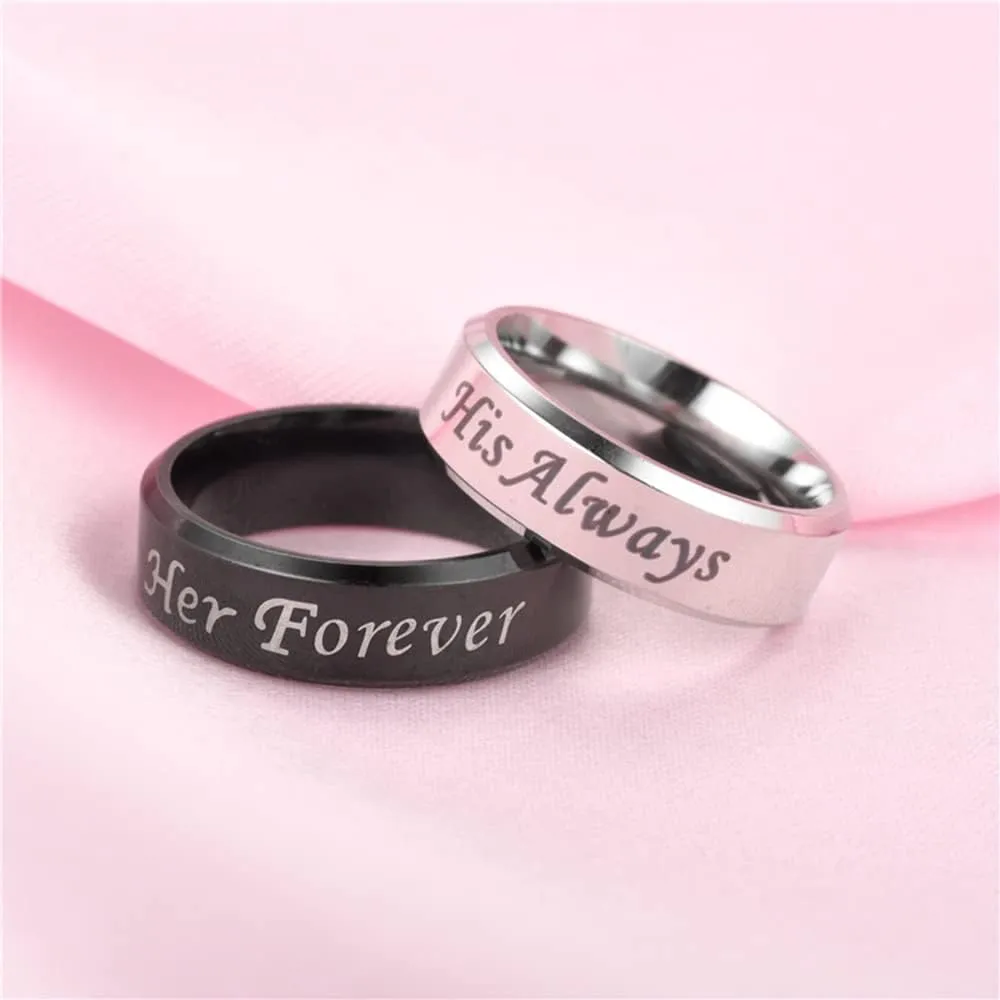 OIDIMS His Always/Her Forever Rings Black Silver Stainless Steel Promise Matching Couple Valentine's Day Anniversary Engagement Wedding Middle Finger Band for Women Men Fashion Gift