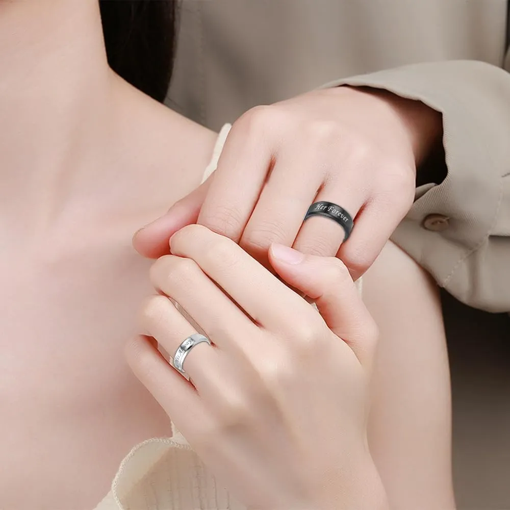 OIDIMS His Always/Her Forever Rings Black Silver Stainless Steel Promise Matching Couple Valentine's Day Anniversary Engagement Wedding Middle Finger Band for Women Men Fashion Gift
