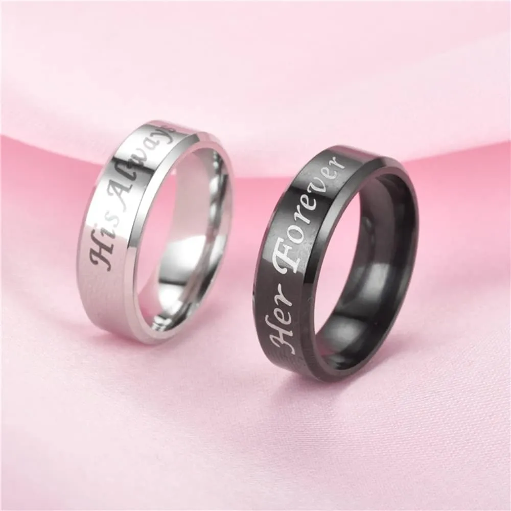 OIDIMS His Always/Her Forever Rings Black Silver Stainless Steel Promise Matching Couple Valentine's Day Anniversary Engagement Wedding Middle Finger Band for Women Men Fashion Gift