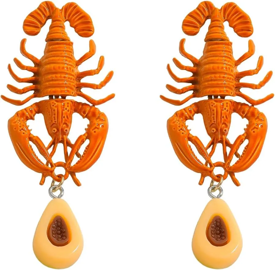 Orange Lobster Dangle Earrings for Women, Hypoallergenic Lightweight Alloy Shell Crayfish Earring, Unique Beach Theme Cute Crawfish Jewelry Gifts for Summer Festivals Party