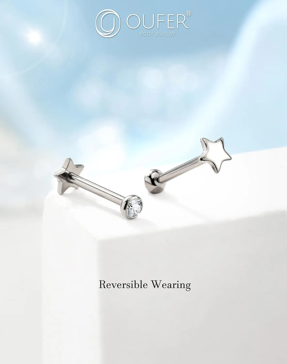 OUFER 2Pcs 16G G23 Titanium Threadless Stud Earrings Flat Back Star Heart Shape Tiny CZ Small Helix Cartilage Tragus Conch Lobe Labret Medusa Piercing Jewelry for Women Men