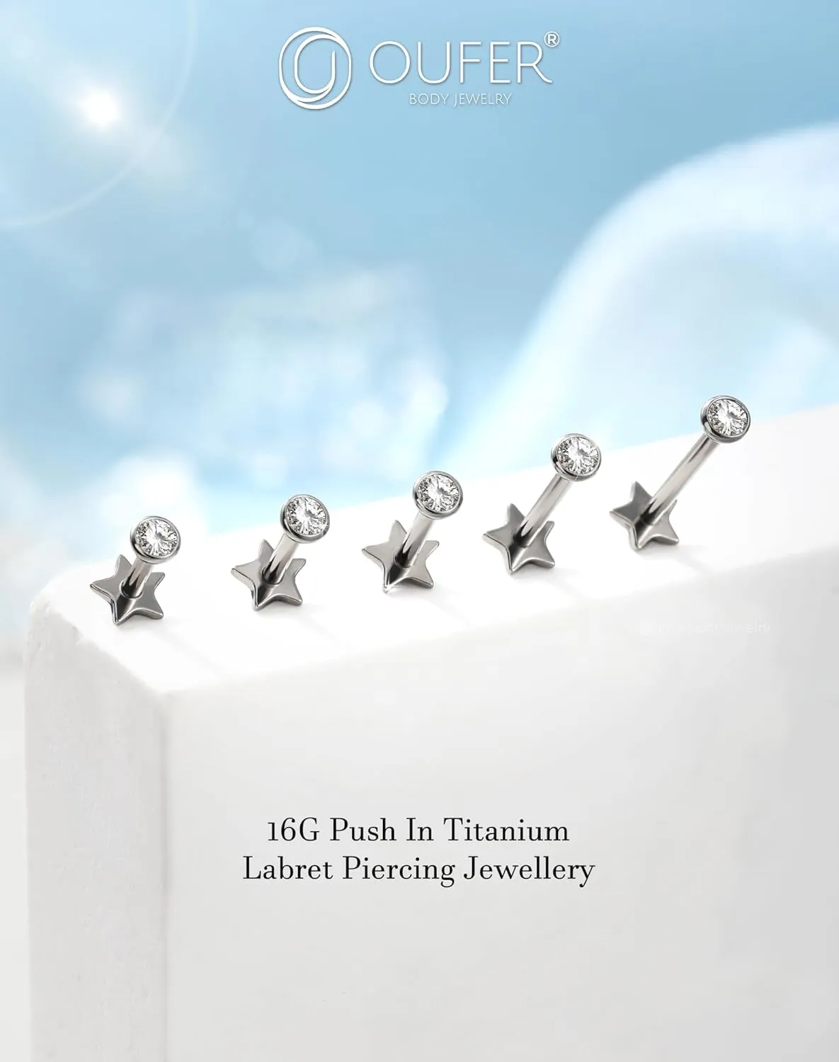 OUFER 2Pcs 16G G23 Titanium Threadless Stud Earrings Flat Back Star Heart Shape Tiny CZ Small Helix Cartilage Tragus Conch Lobe Labret Medusa Piercing Jewelry for Women Men