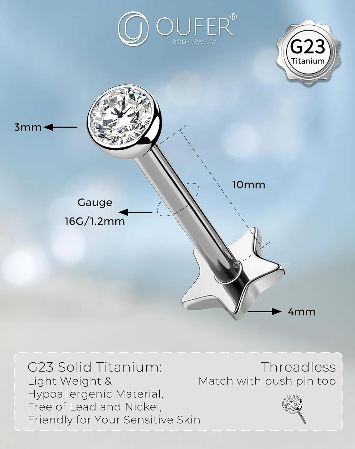 OUFER 2Pcs 16G G23 Titanium Threadless Stud Earrings Flat Back Star Heart Shape Tiny CZ Small Helix Cartilage Tragus Conch Lobe Labret Medusa Piercing Jewelry for Women Men