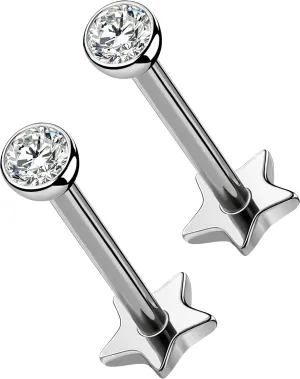 OUFER 2Pcs 16G G23 Titanium Threadless Stud Earrings Flat Back Star Heart Shape Tiny CZ Small Helix Cartilage Tragus Conch Lobe Labret Medusa Piercing Jewelry for Women Men