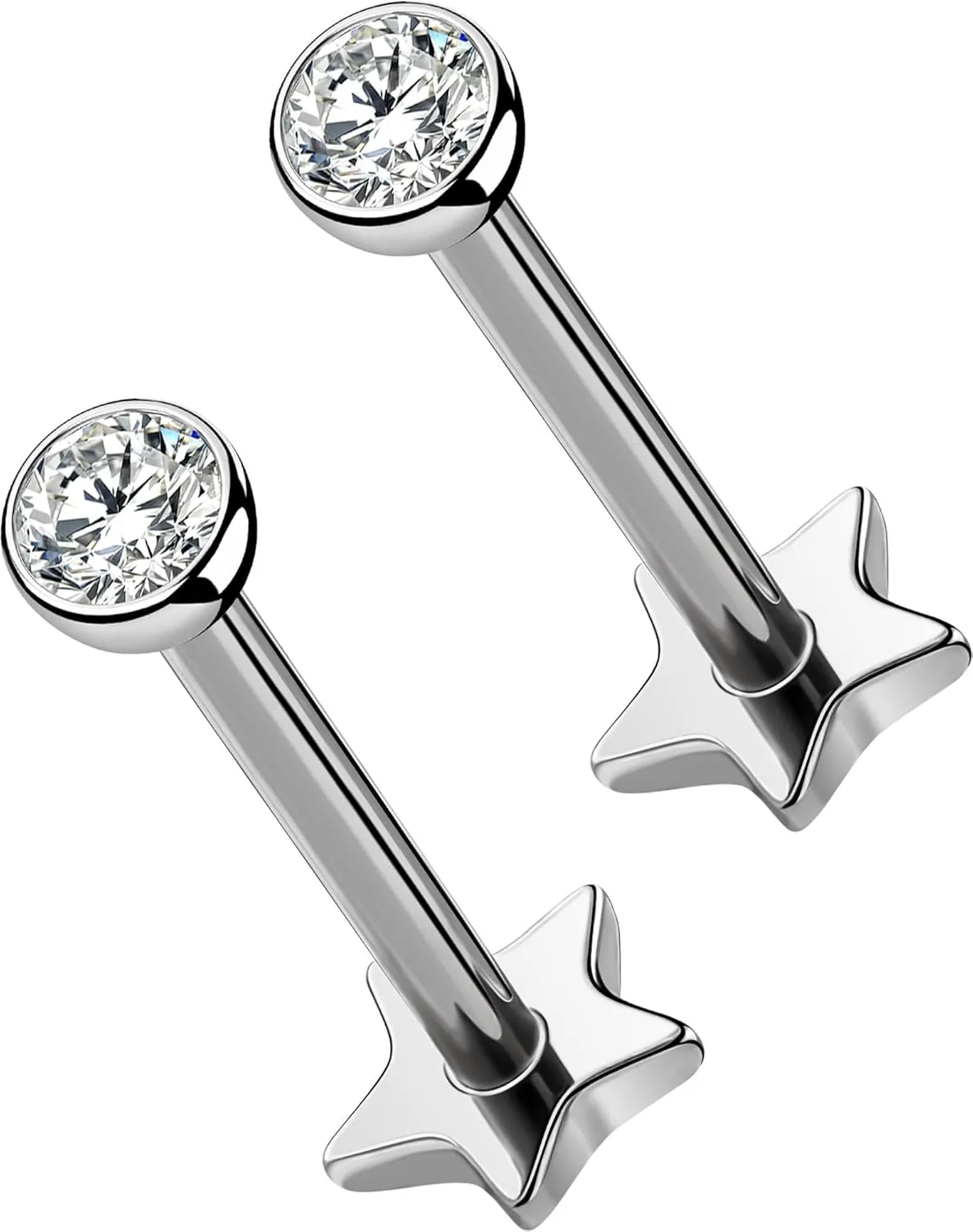 OUFER 2Pcs 16G G23 Titanium Threadless Stud Earrings Flat Back Star Heart Shape Tiny CZ Small Helix Cartilage Tragus Conch Lobe Labret Medusa Piercing Jewelry for Women Men