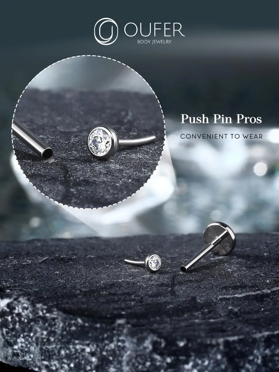 OUFER 2Pcs 20G/18G/16G G23 Titanium Threadless Nose Stud Earrings Flat Back Tiny CZ Small Nose Helix Cartilage Tragus Conch Labret Medusa Monroe Piercing Jewelry for Women Men